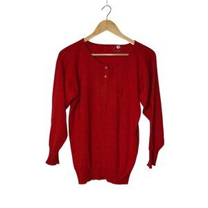 100% Cashmere Red 3/4 Sleeve Henley Sweater Soft Knit Button Placket Size 38